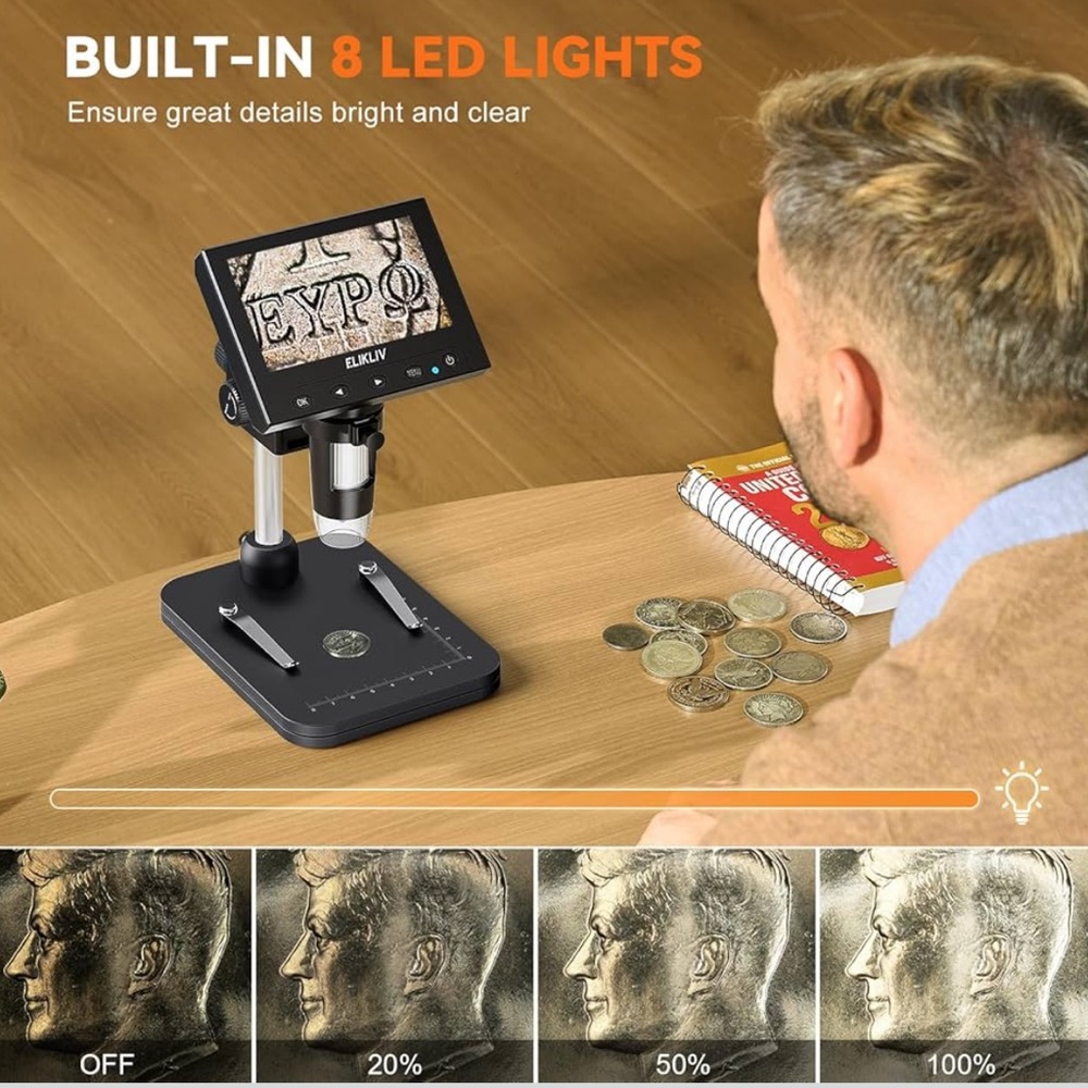 Elikliv Microscope LCD Digital 1000x with 8 Adjustable LED Lights—EDM4 4.3-Inch - Picture 7 of 9